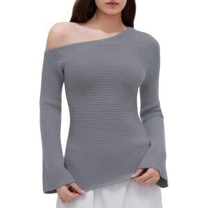 Women Off Shoulder Fall Sweater Slim 27-Gray Ribbed Knit Long Sleeve Top Trendy